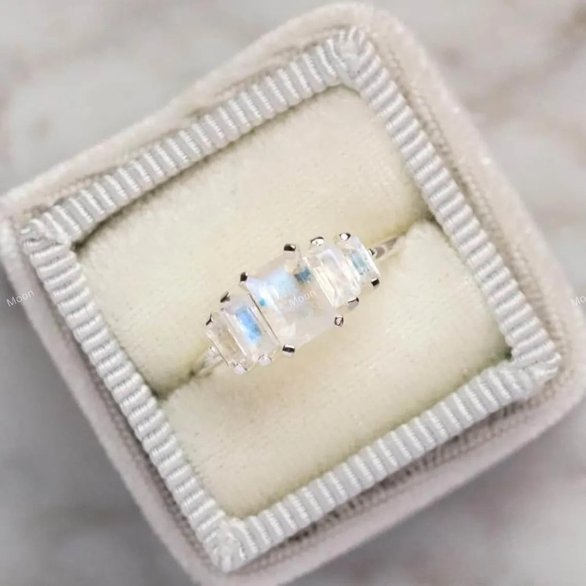 Blue Fire Rainbow Moonstone Engagement Promise Ring