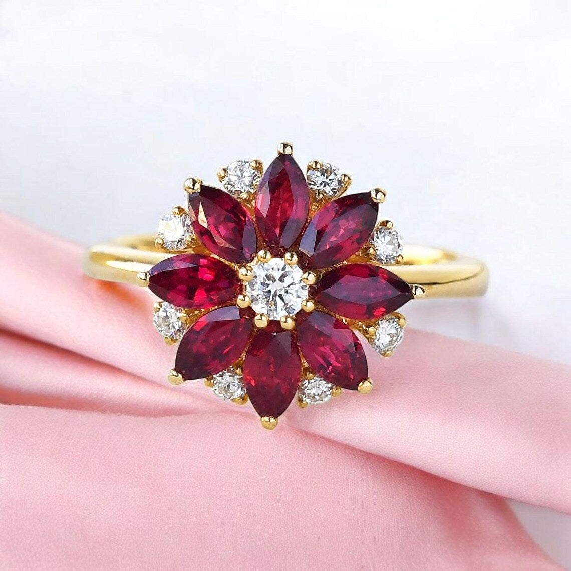 Handmade Red Ruby Lotus Flower Engagement Rings