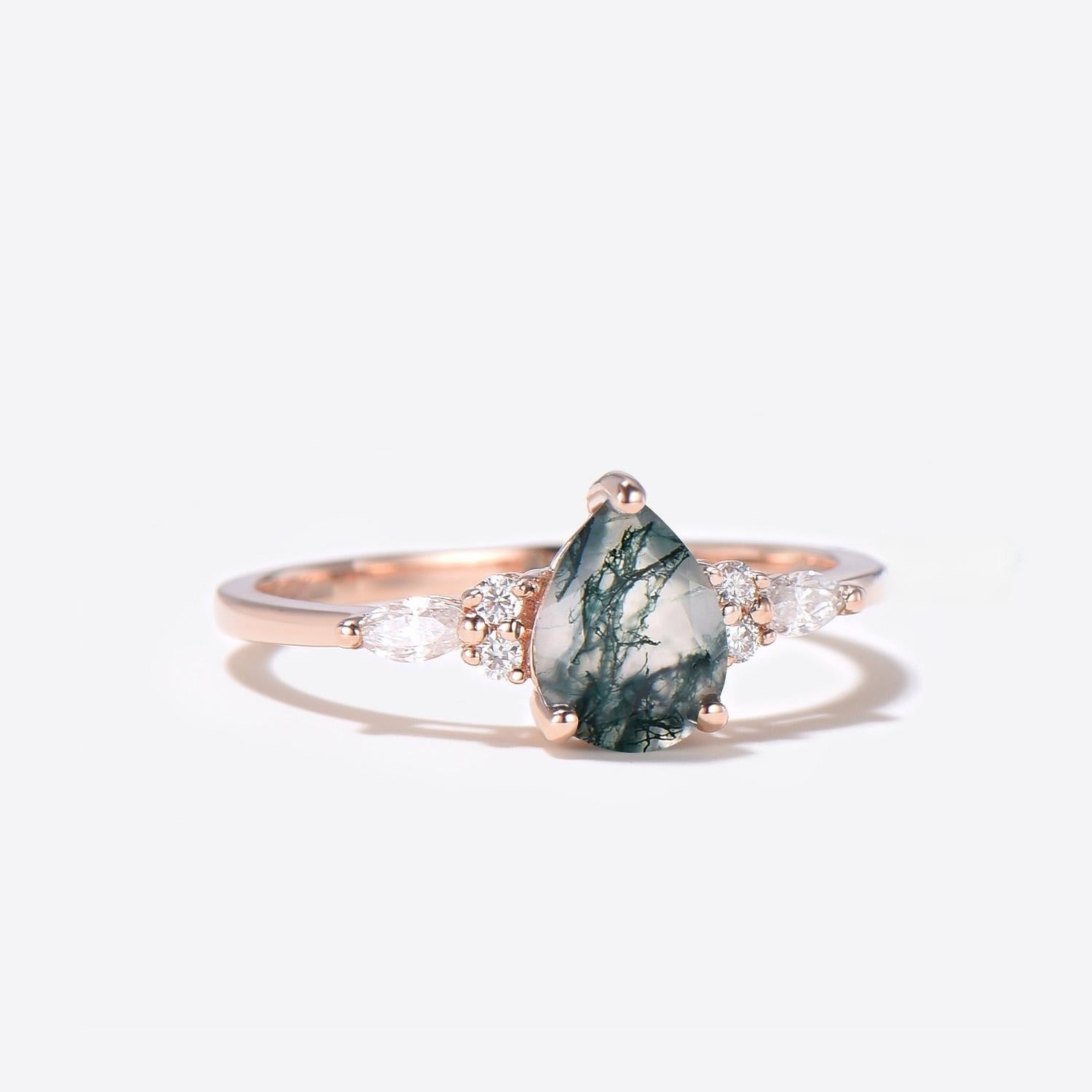 14k Rose Gold Teardrop Moss Agate Engagament Ring Seven Stone Diamond Ring Right SIde View