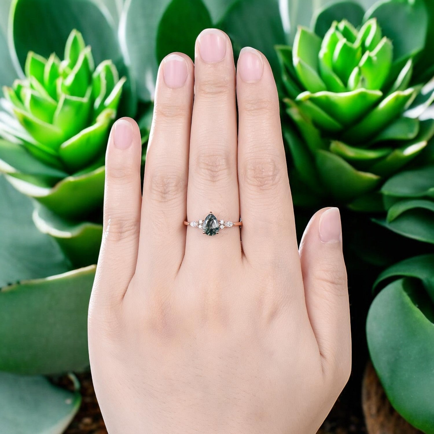 14k Rose Gold Teardrop Moss Agate Engagament Ring Seven Stone Diamond Ring With Model Hand