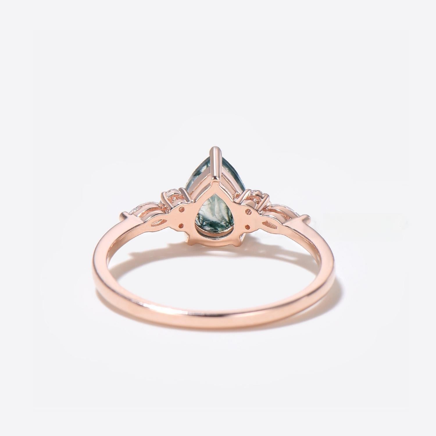 14k Rose Gold Teardrop Moss Agate Engagament Ring Seven Stone Diamond Ring Back Side View