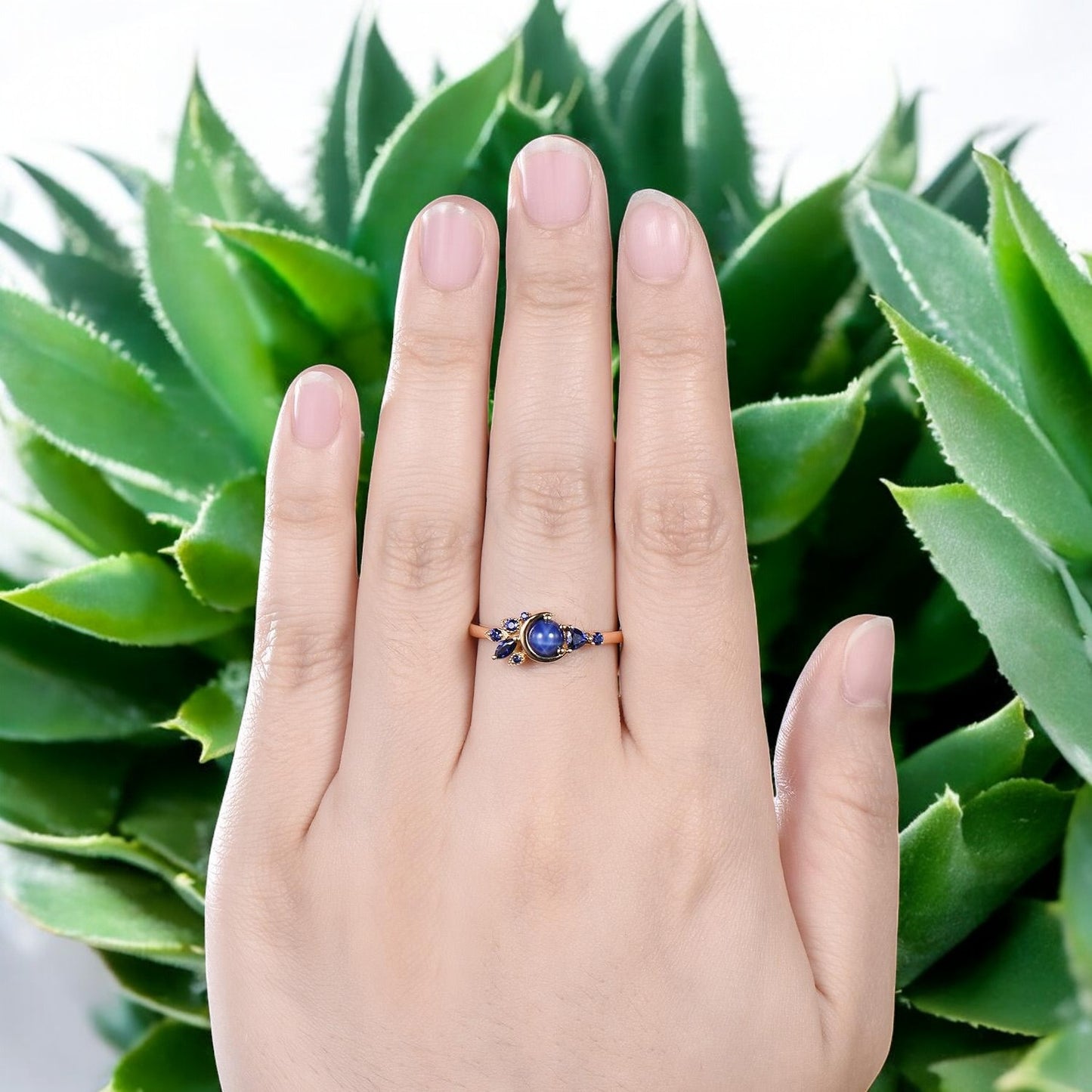 Crescent Moon Star Sapphire Ring WIth Model Hand