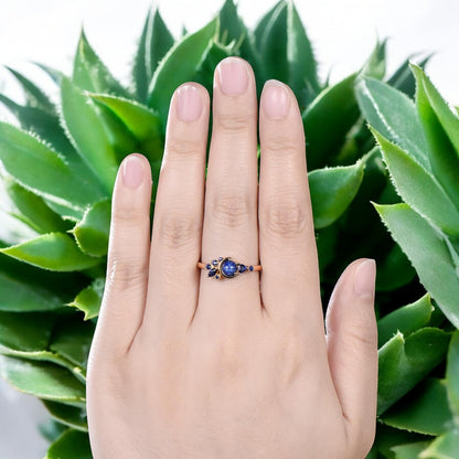 Crescent Moon Star Sapphire Ring WIth Model Hand