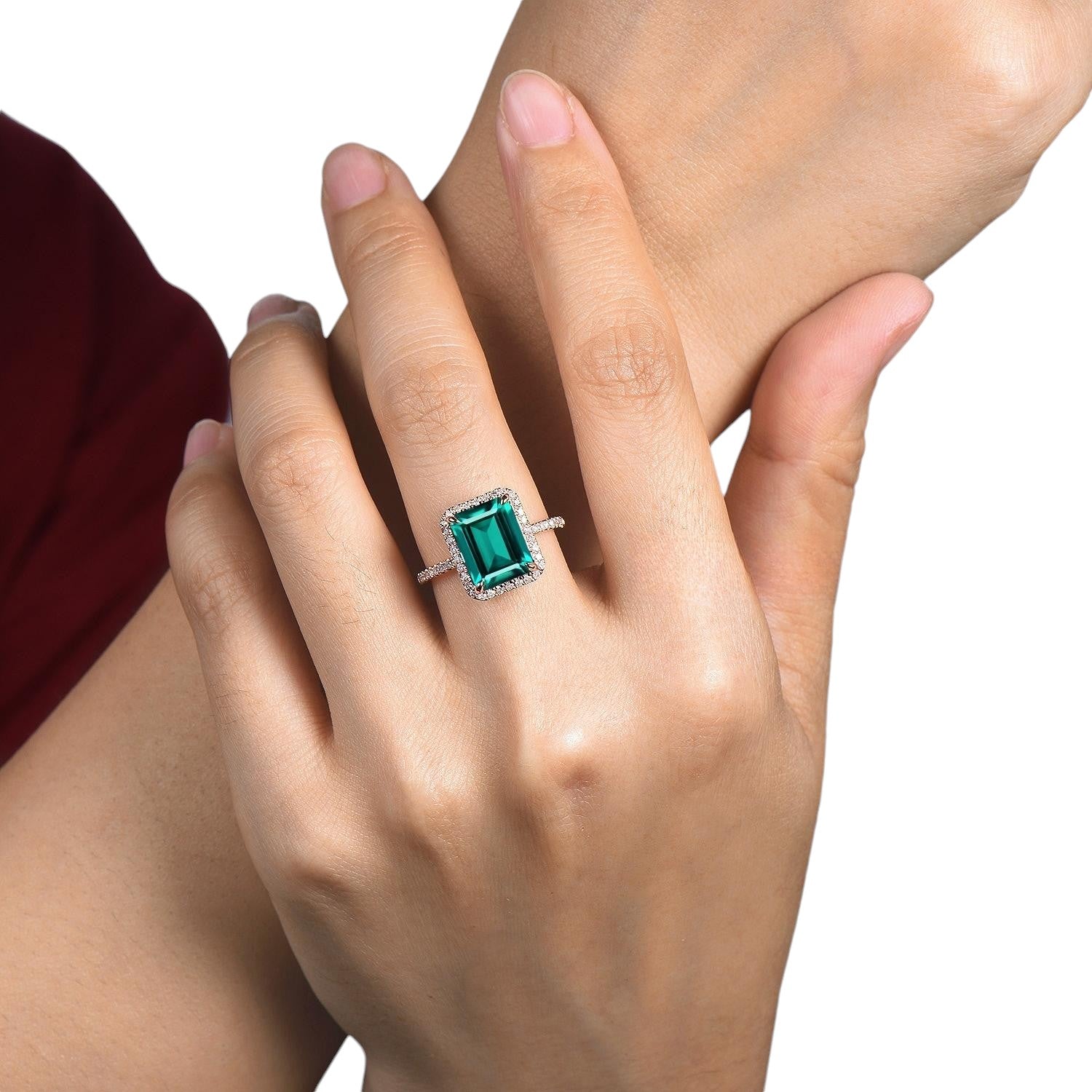 14k Rose Gold Green Emerald Engagement Ring 3CT Emerald Ring With Model