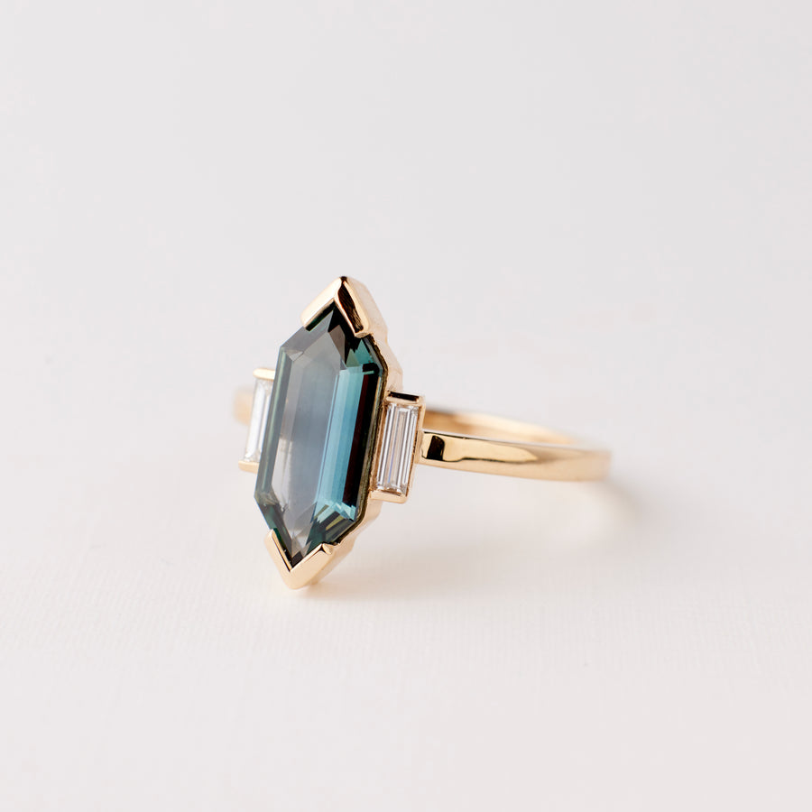 Carmella Ring 2.20 Carat Blueish Hexagon Sapphire Baguette Moissanite Engagement Ring