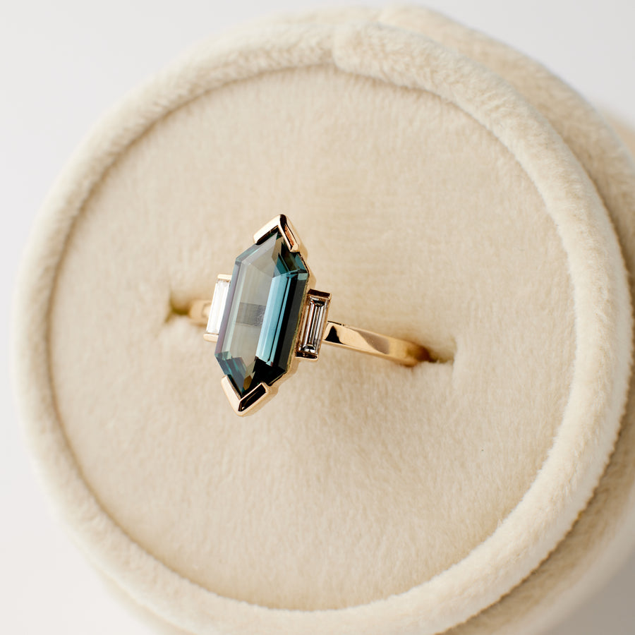 Carmella Ring 2.20 Carat Blueish Hexagon Sapphire Baguette Moissanite Engagement Ring
