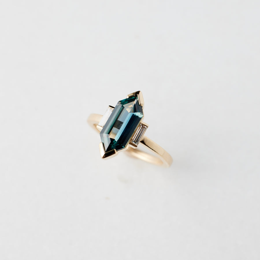 Carmella Ring 2.20 Carat Blueish Hexagon Sapphire Baguette Moissanite Engagement Ring