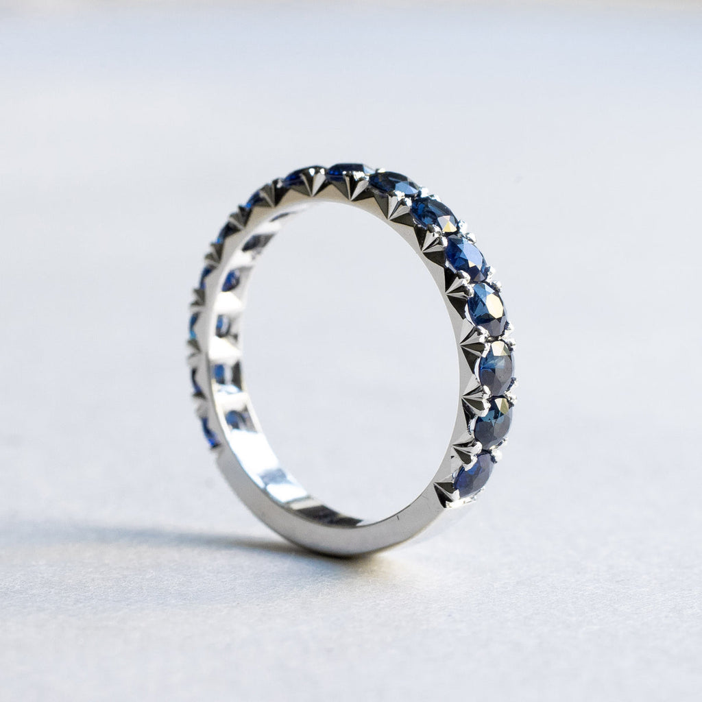 14K Solid Gold Blue Sapphire Eternity Wedding Band Vertical Side View