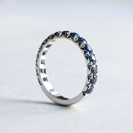 14K Solid Gold Blue Sapphire Eternity Wedding Band Vertical Side View
