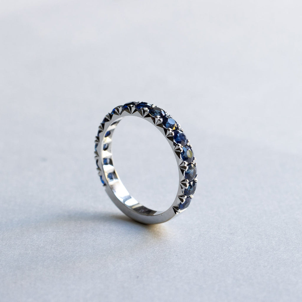 14K Solid Gold Blue Sapphire Eternity Wedding Band Side Angle