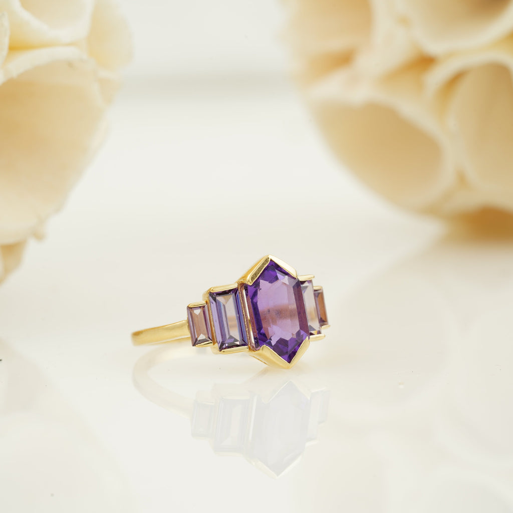 Hexagon Cut Purple Amethyst Ring Right View