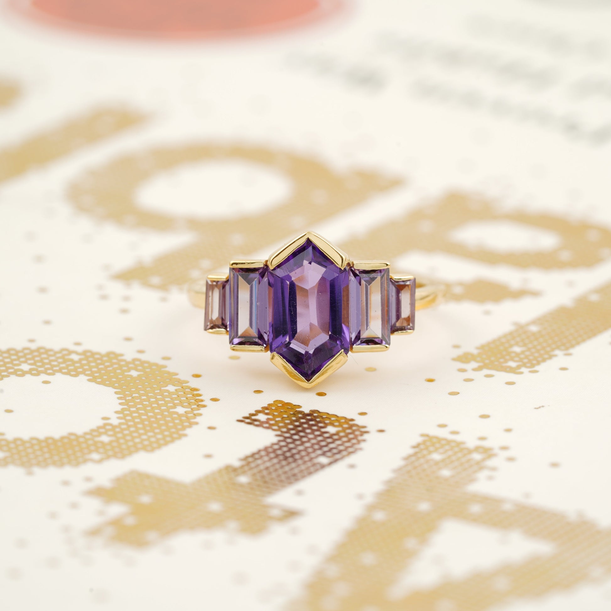 Hexagon Cut Purple Amethyst Ring Front View