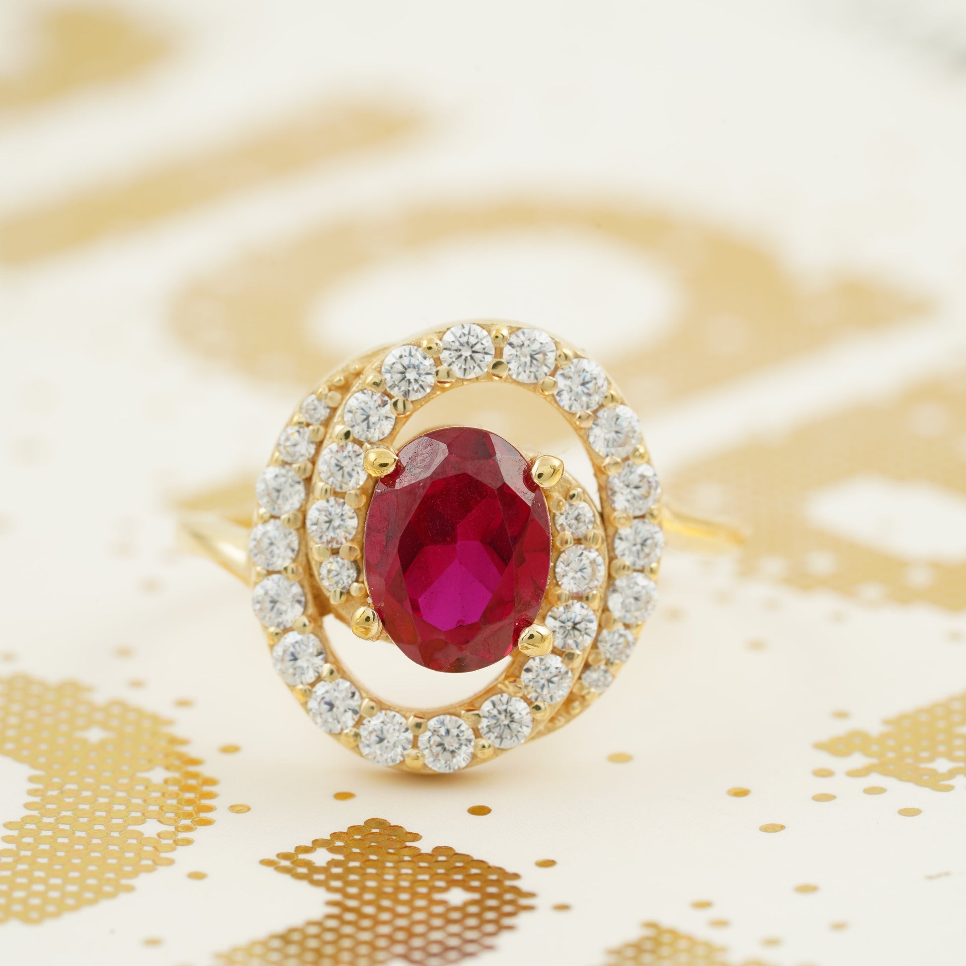 Natural Ruby Halo Diamond Engagement Ring Front Angle
