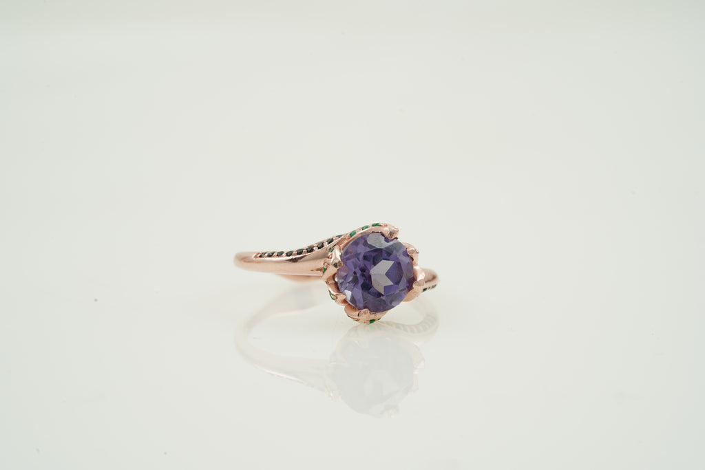 Round Alexandrite Ring - Stacking Flower Design Ring Right Angle