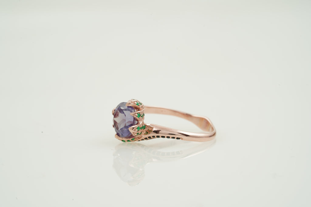 Round Alexandrite Ring - Stacking Flower Design Ring Side Angle