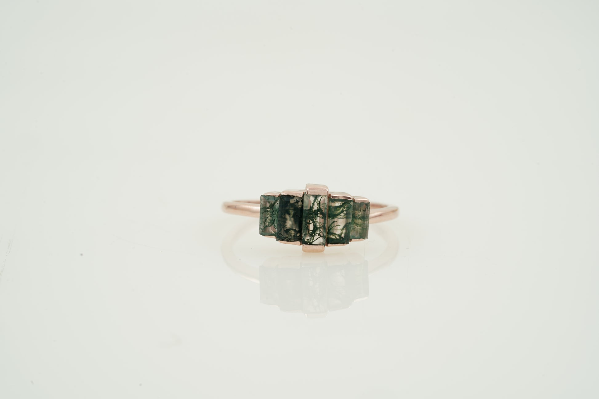 Natural Moss Agate Ring - Baguette Statement Ring Front Angle