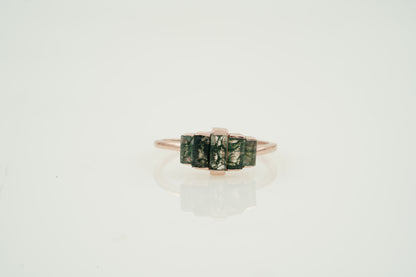 Natural Moss Agate Ring - Baguette Statement Ring Front Angle