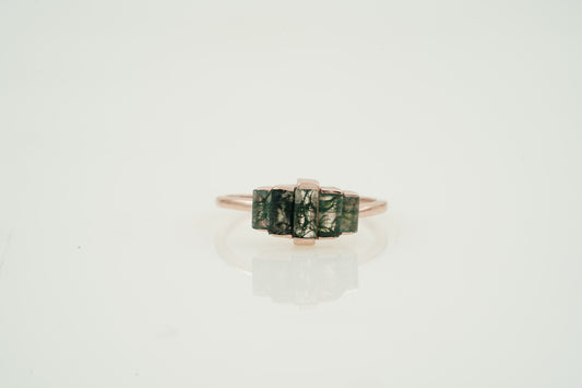 Natural Moss Agate Ring - Baguette Statement Ring Front Angle