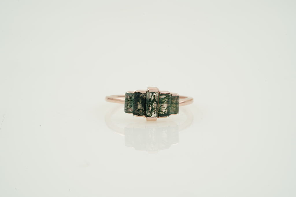 Natural Moss Agate Ring - Baguette Statement Ring