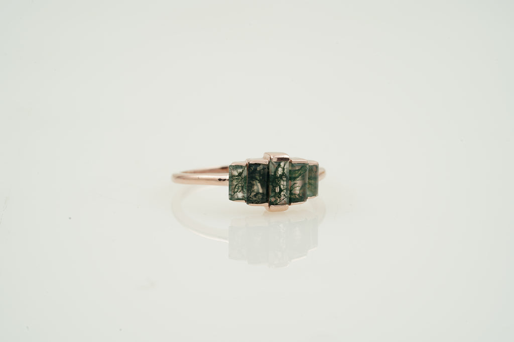 Natural Moss Agate Ring - Baguette Statement Ring Right Angle