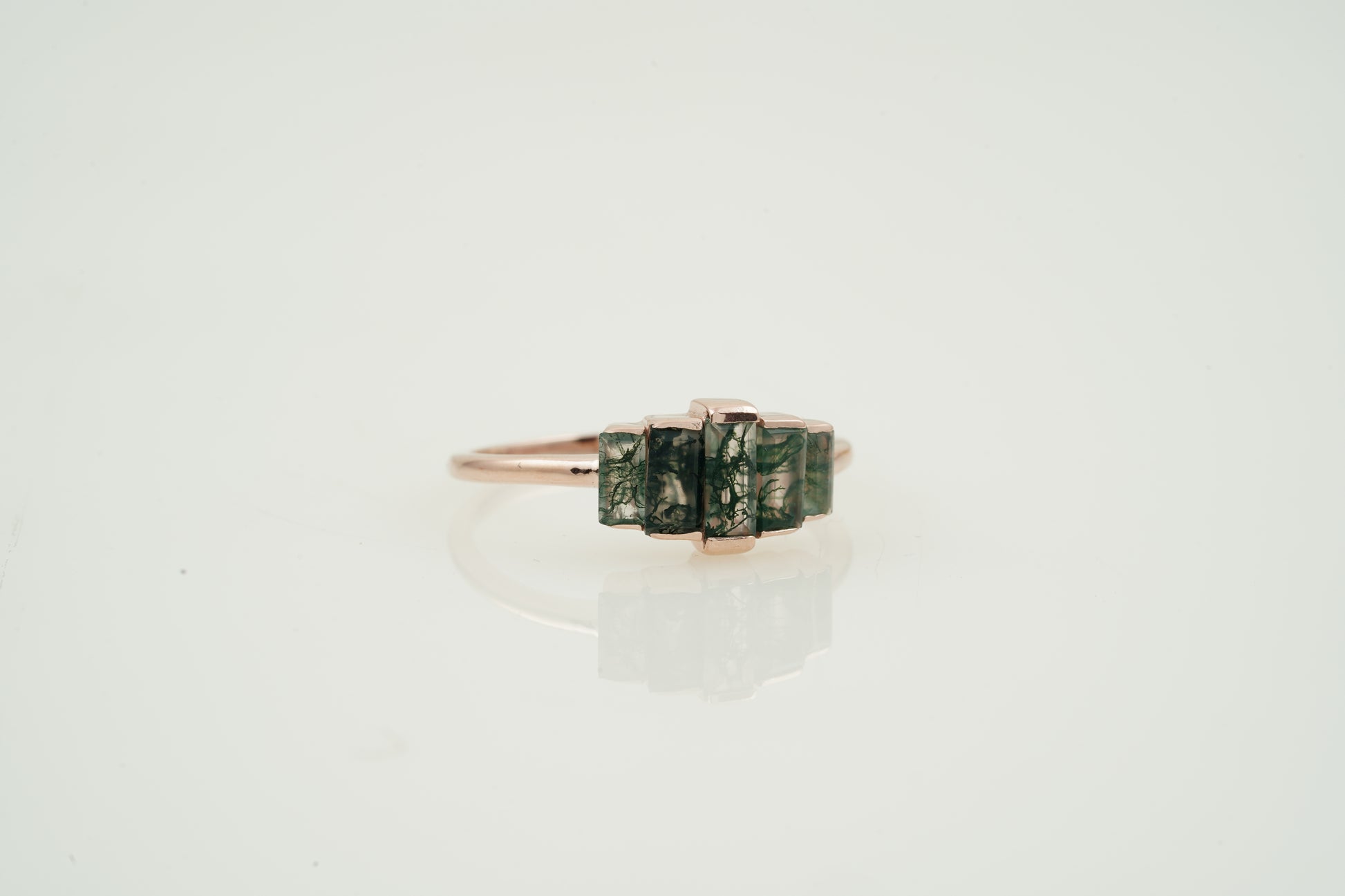 Natural Moss Agate Ring - Baguette Statement Ring Right Angle