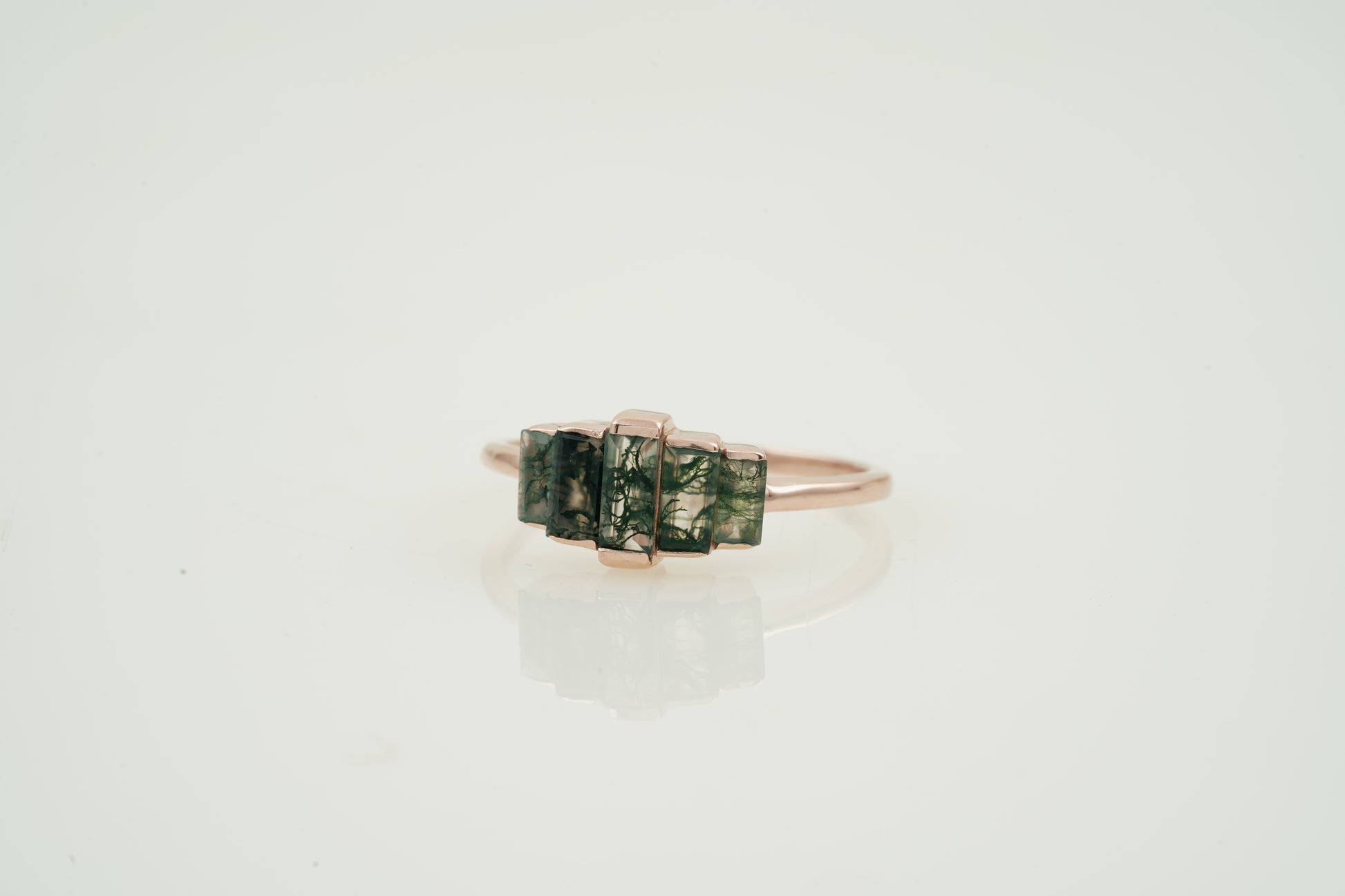 Natural Moss Agate Ring - Baguette Statement Ring Left  Angle