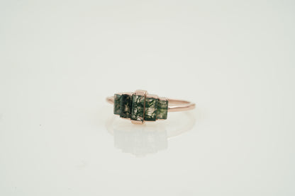 Natural Moss Agate Ring - Baguette Statement Ring Left  Angle