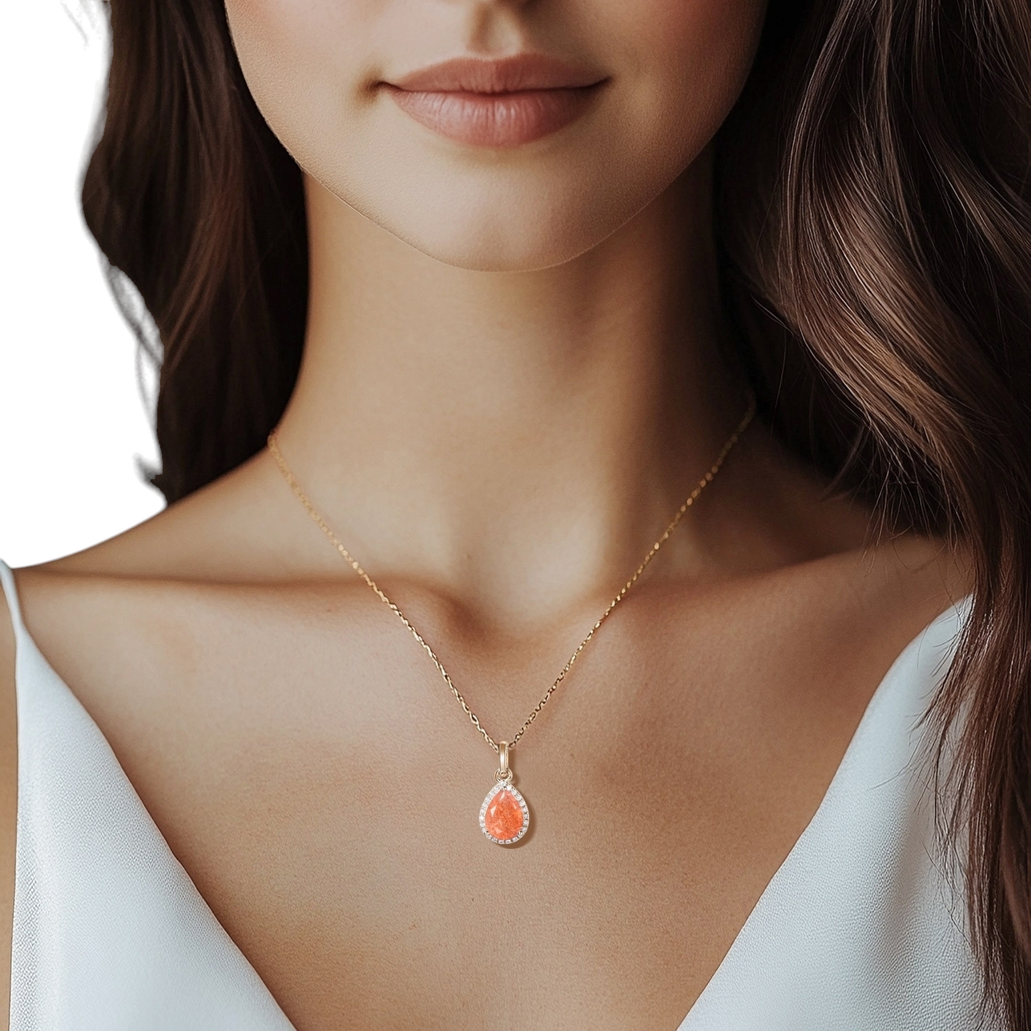 Pear Shaped Sunstone Necklace 14k Gold Diamond Halo Wedding Pendant with model