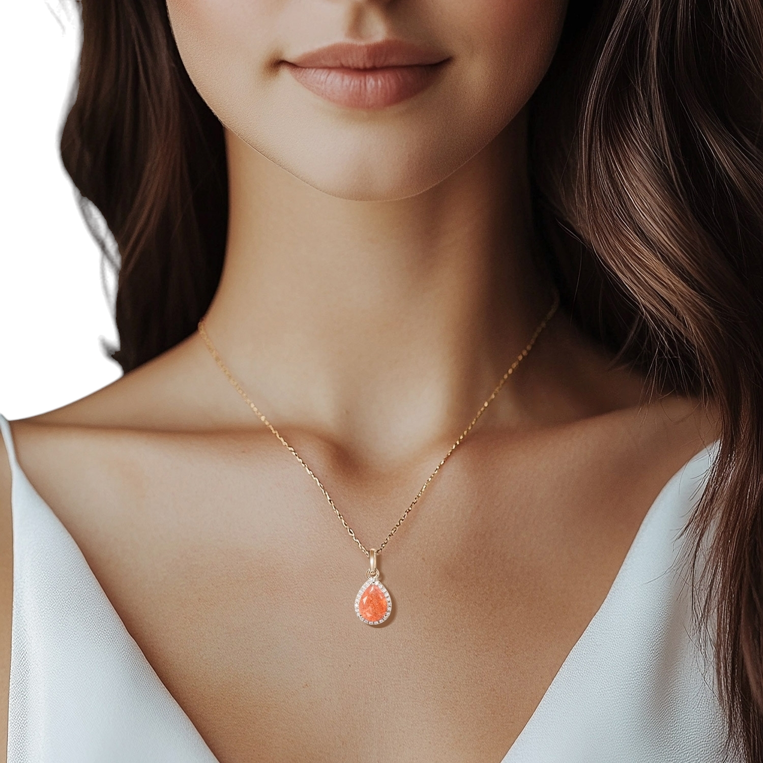 Pear Shaped Sunstone Necklace 14k Gold Diamond Halo Wedding Pendant with model