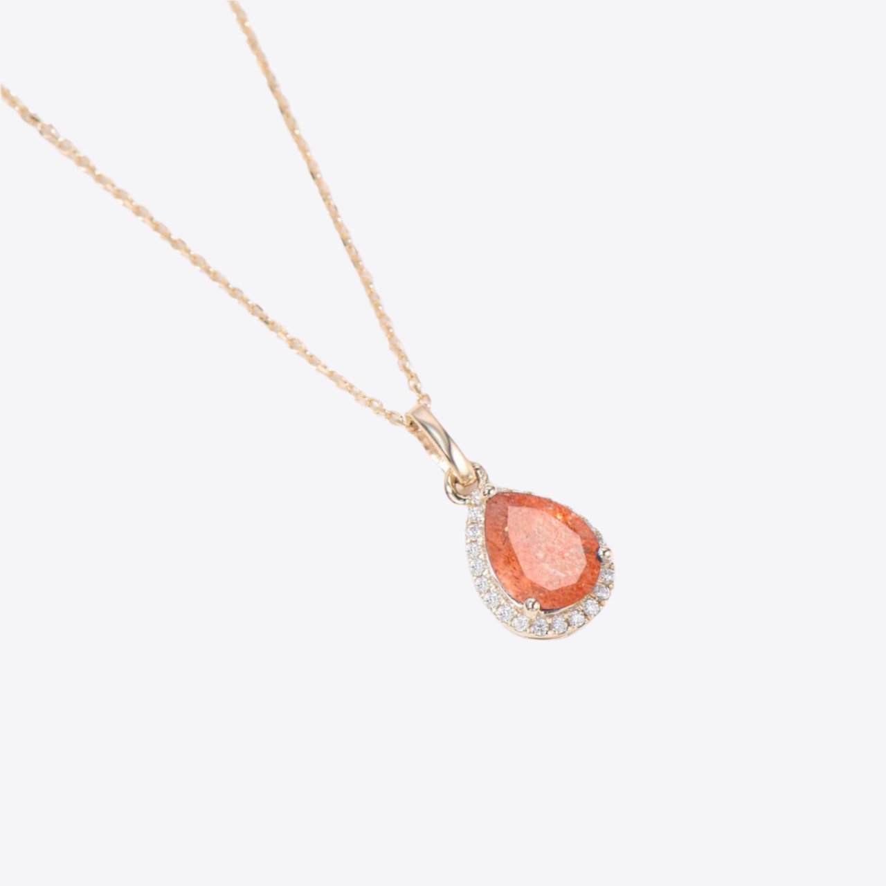 Pear Shaped Sunstone Necklace 14k Gold Diamond Halo Wedding Pendant Side View