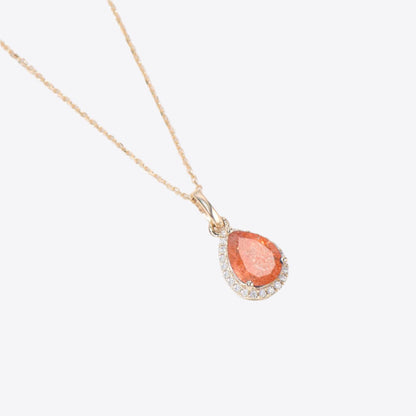 Pear Shaped Sunstone Necklace 14k Gold Diamond Halo Wedding Pendant Side View