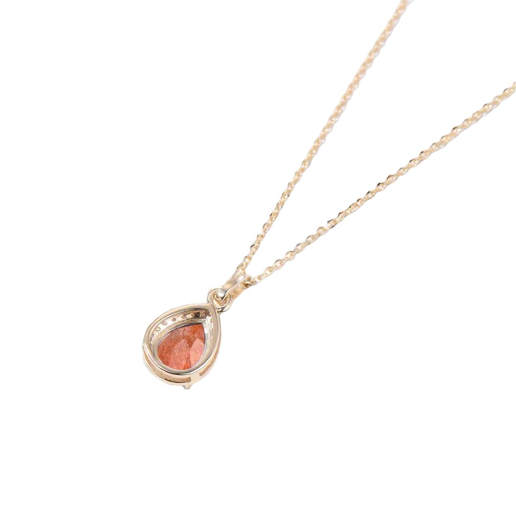Pear Shaped Sunstone Necklace 14k Gold Diamond Halo Wedding Pendant Left Side VIew