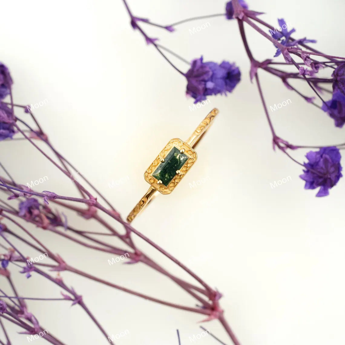 Natural Baguette Moss Agate Wedding Band Ring