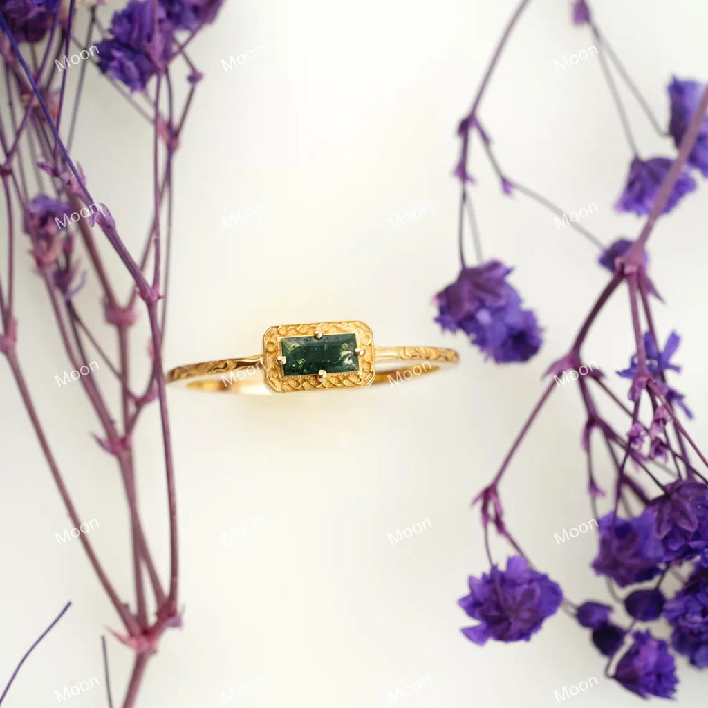 Natural Baguette Moss Agate Wedding Band Ring