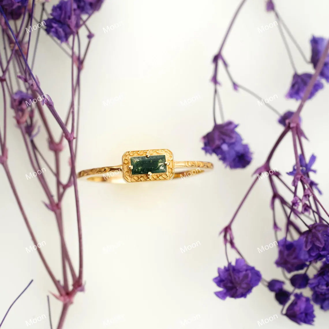 Natural Baguette Moss Agate Wedding Band Ring
