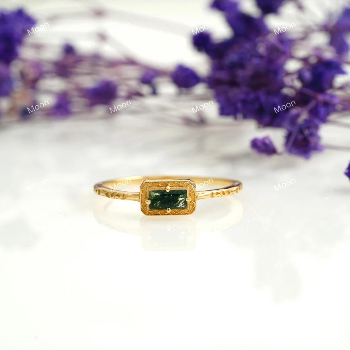 Natural Baguette Moss Agate Wedding Band Ring