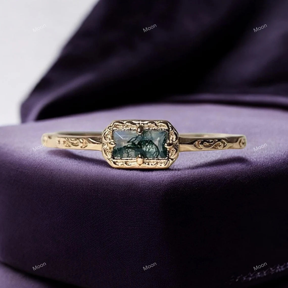 Natural Baguette Moss Agate Wedding Band Ring