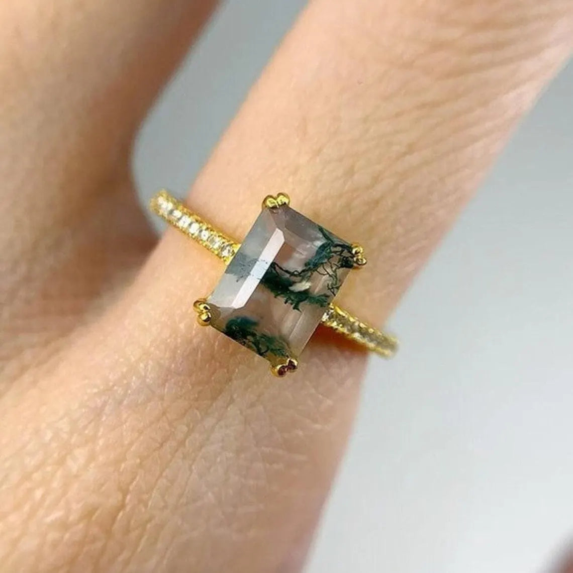 Natural Moss Agate Ring-Emerald Cut Engagement Ring