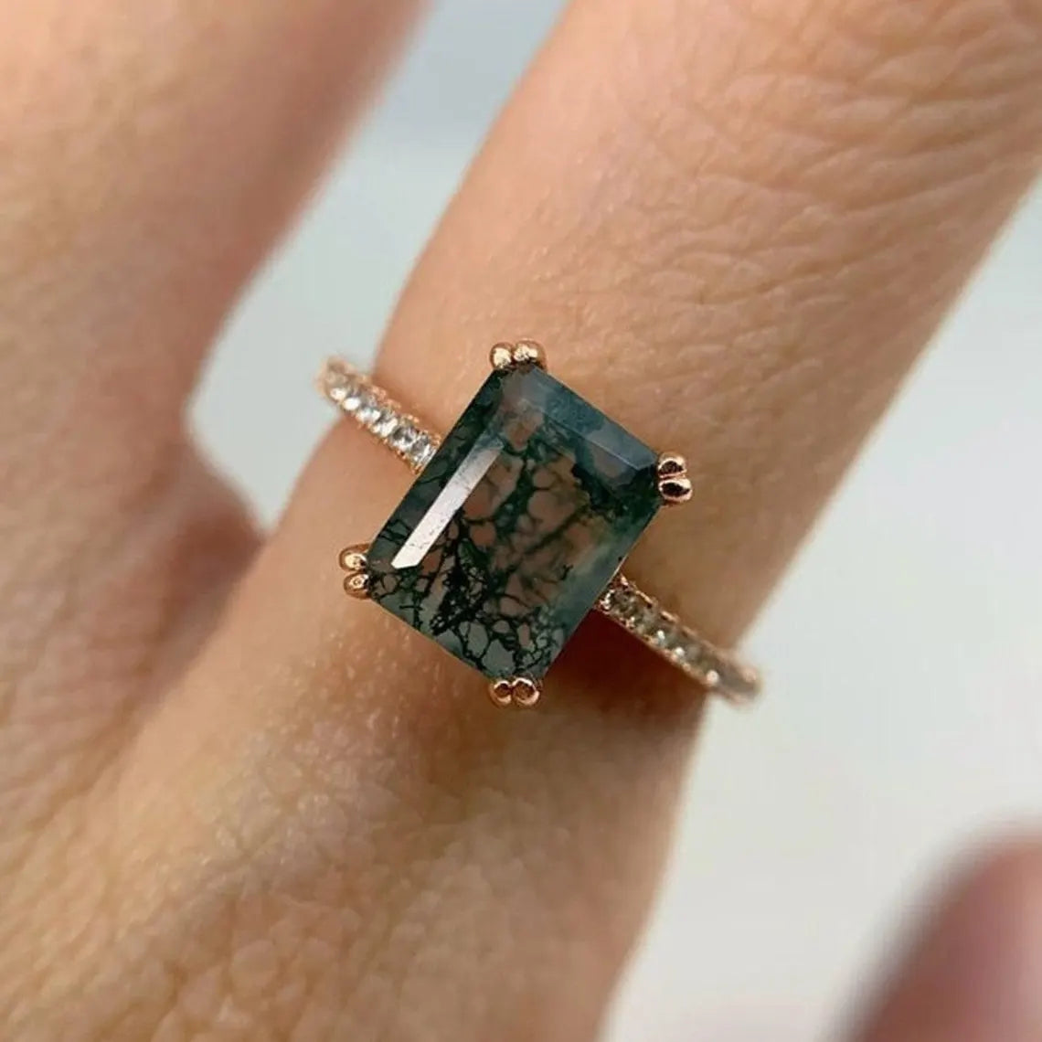 Natural Moss Agate Ring-Emerald Cut Engagement Ring