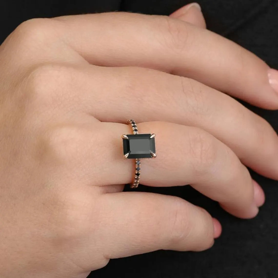 Natural Black onyx ring, onyx ring, Emerald Cut Black Onyx Ring