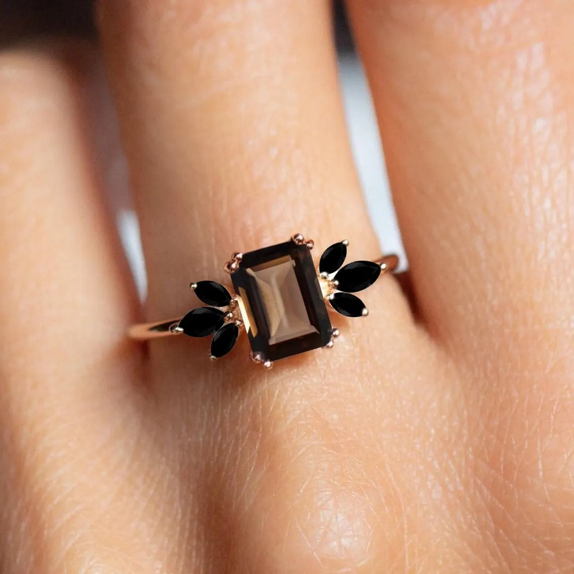 Smoky quartz & Black Onyx Ring-Emerald Cut Smoky Quartz Ring