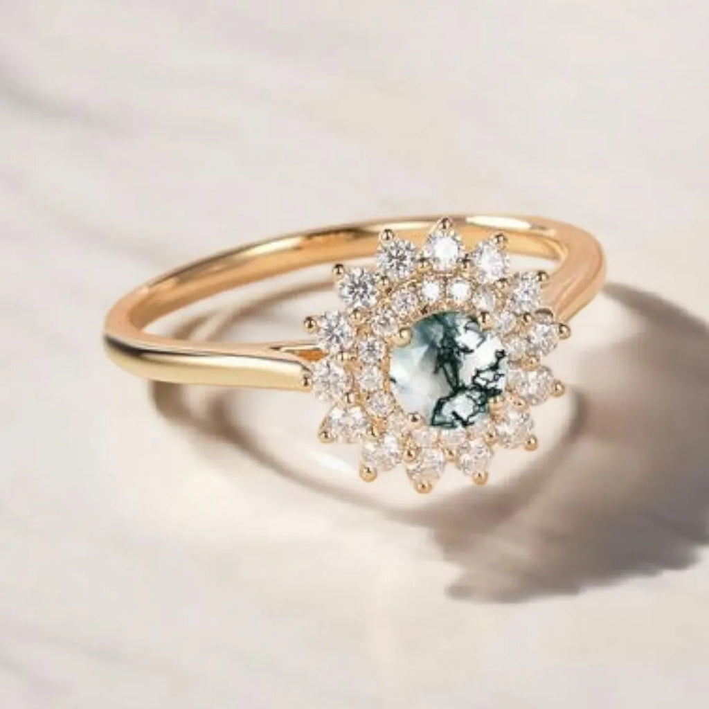 Moss Agate And Moissanite Ring