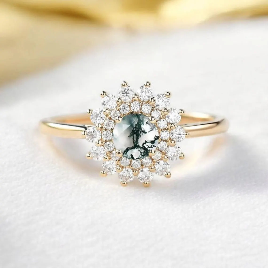 Moss Agate And Moissanite Ring, 18k Gold Vermeil, 925 Sterling Silver Ring