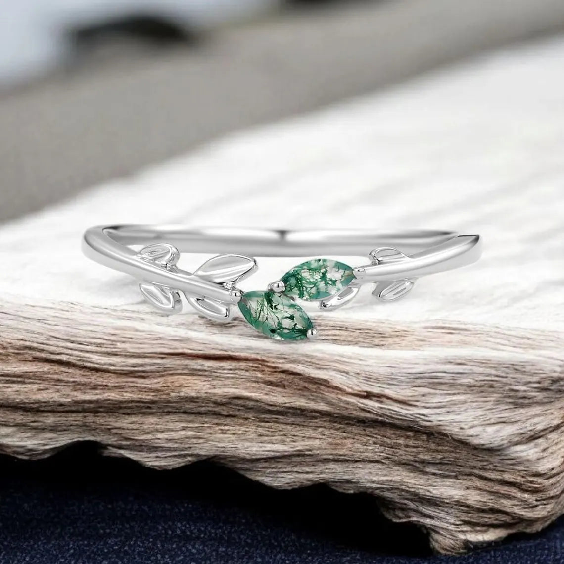 Moss Agate Wedding Band Leaf Branch