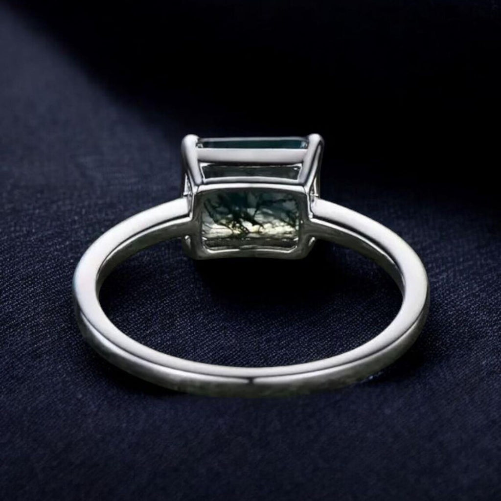 Natural Moss Agate Ring, Baguette Moss Agate 925 Sterling Silver Ring Back Side