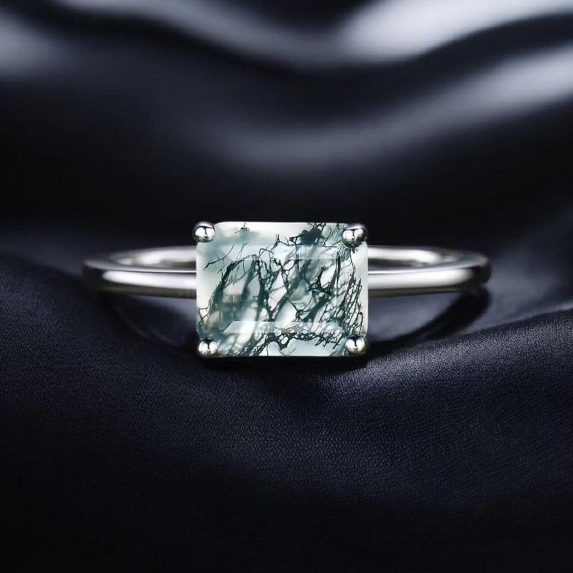 Natural Moss Agate Ring, Baguette Moss Agate 925 Sterling Silver Ring
