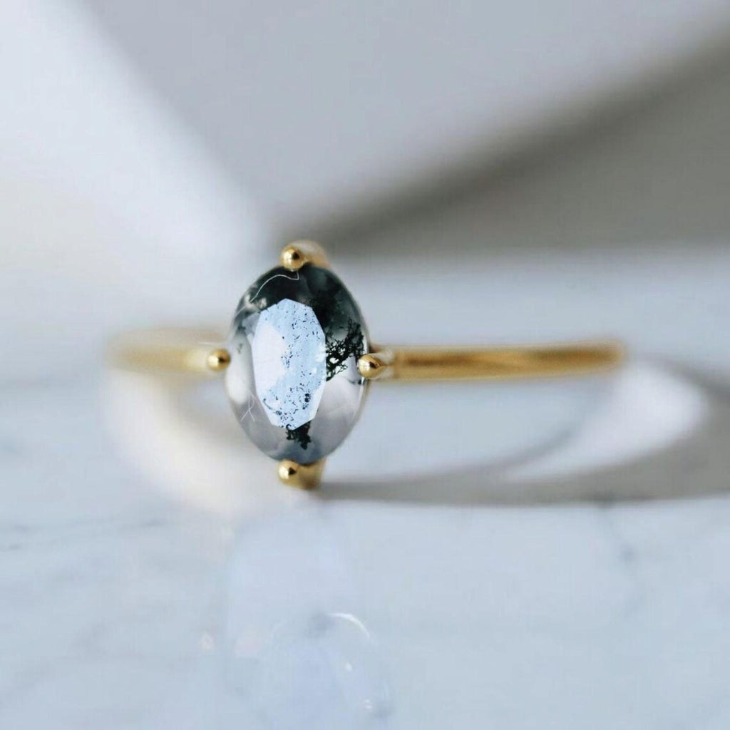 Minimalist Moss Agate Oval Cut Solitaire Ring Side Angle