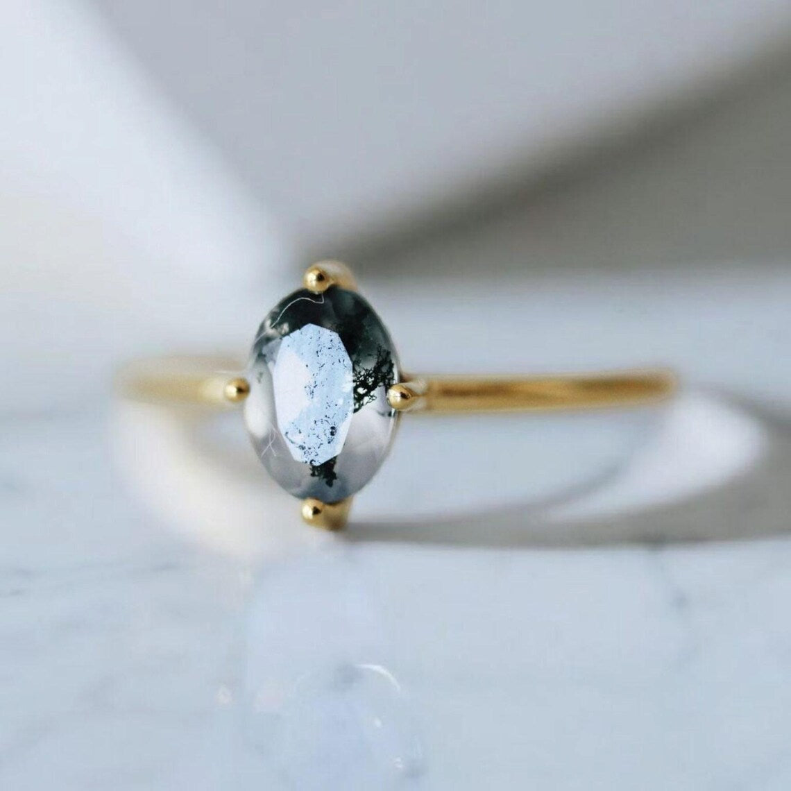 Minimalist Moss Agate Oval Cut Solitaire Ring Side Angle