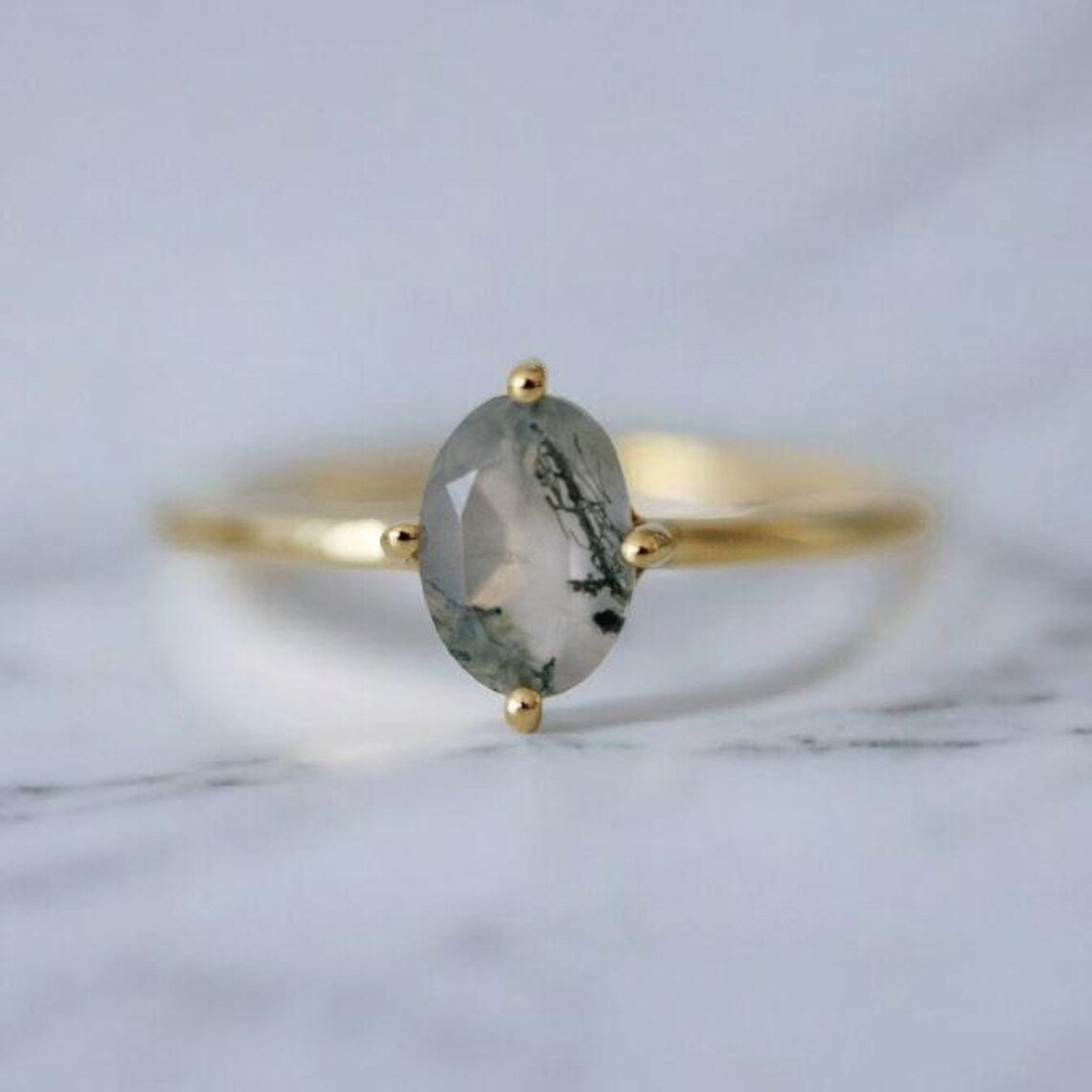 Minimalist Moss Agate Oval Cut Solitaire Ring Front Face