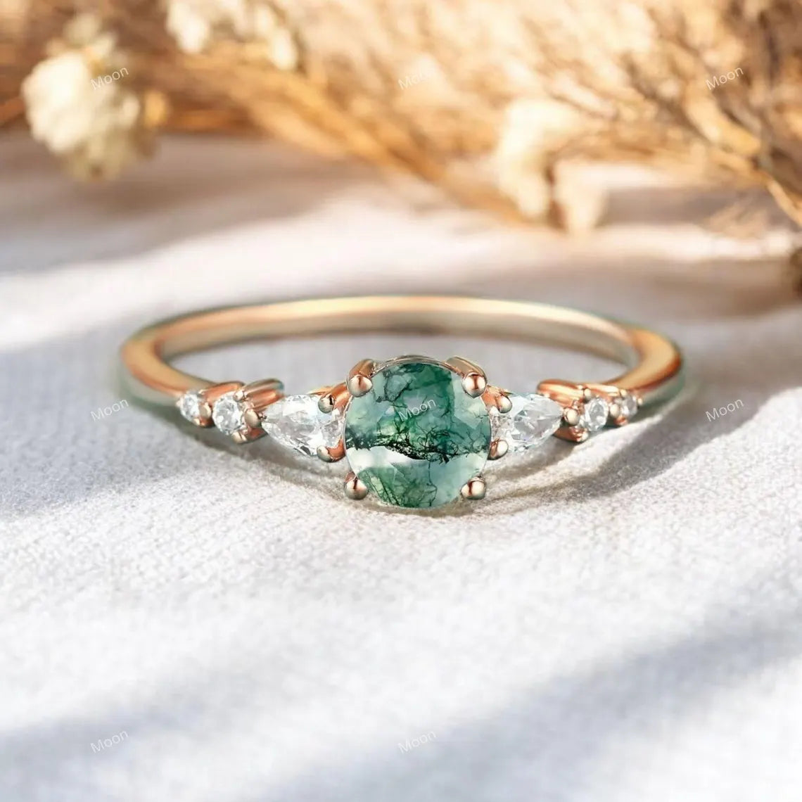 Natural moss agate promise ring
